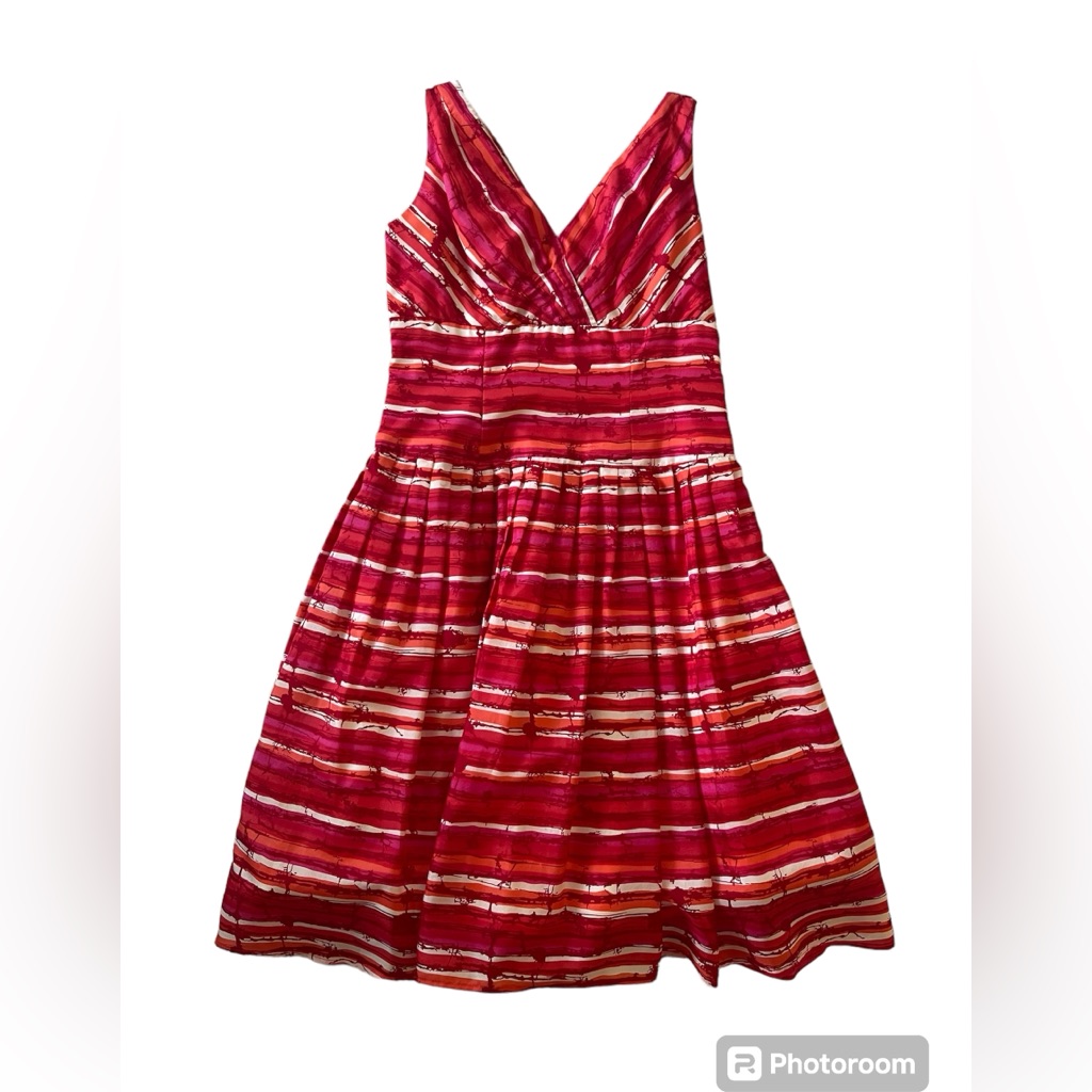 Carmen Marc Volvo Pink Sleeveless Silk Striped Flare Pleated Lined Dress Size 2